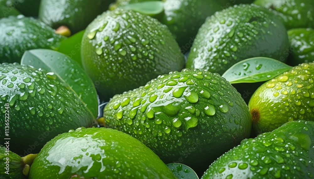 Fresh green avocados adorned with water droplets, hyper-realistic details. Fresh green avocados adorned with water droplets, hyper-realistic details.