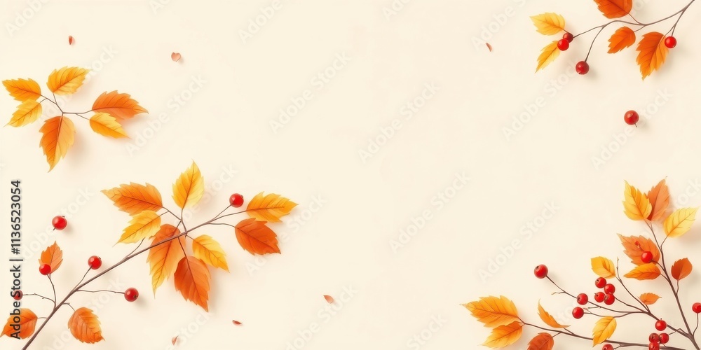 Autumnal Branches with Berries and Leaves on Beige Background Autumnal Branches with Berries and Leaves on Beige Background