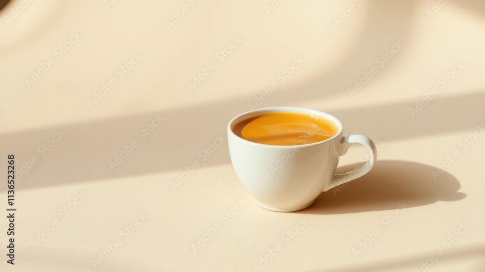 Obraz premium Aromatic Coffee in a White Cup Basking in Sunlight on a Beige Surface