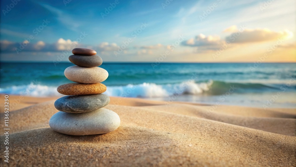 Fototapeta premium Serene Coastal Stone Stack at Sunset on Sandy Beach