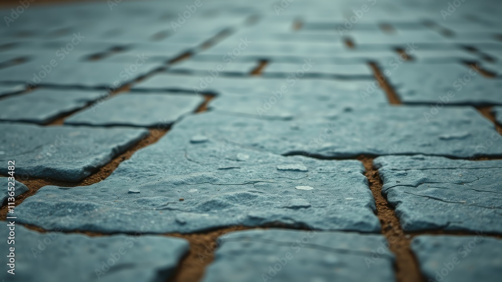 Obraz premium Close-up view of a textured stone pavement, showing detail of the individual stones and the earth between them