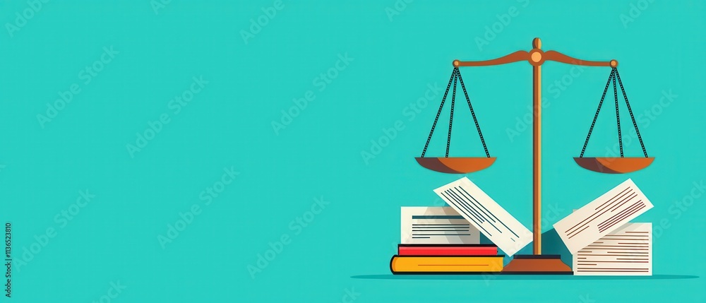 A balanced scale rests on books, symbolizing justice, law, and knowledge in a vibrant turquoise background. A balanced scale rests on books, symbolizing justice, law, and knowledge in a vibrant turquoise background.