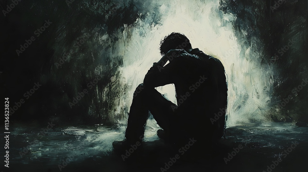 Fototapeta premium A figure sitting in a dark room, clutching their shoulder, illuminated by faint light
