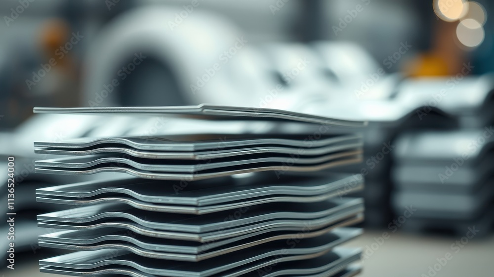 Precision-cut metal sheets stacked neatly in industrial setting Precision-cut metal sheets stacked neatly in industrial setting