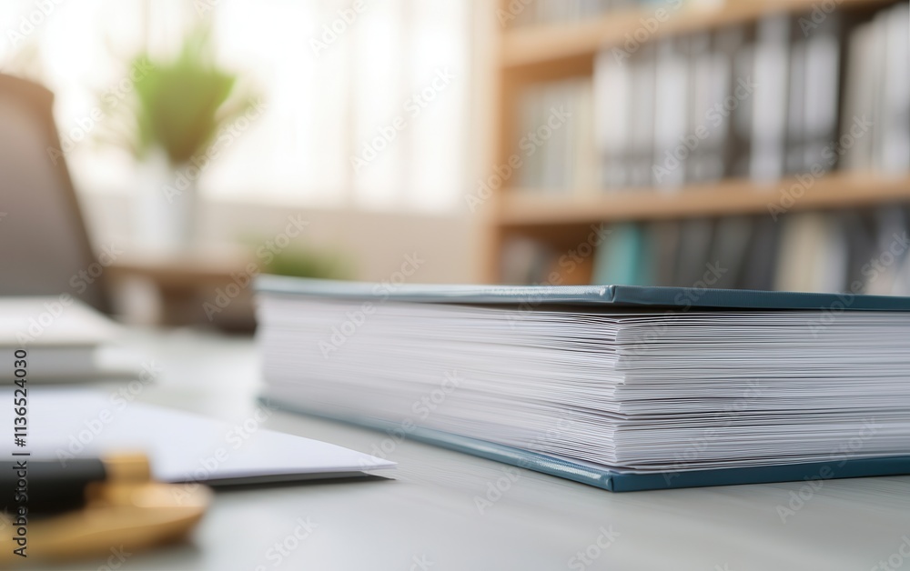 A close-up view of a thick stack of documents on a desk, with blurred shelves in the background, suggesting a study or office environment. A close-up view of a thick stack of documents on a desk, with blurred shelves in the background, suggesting a study or office environment.