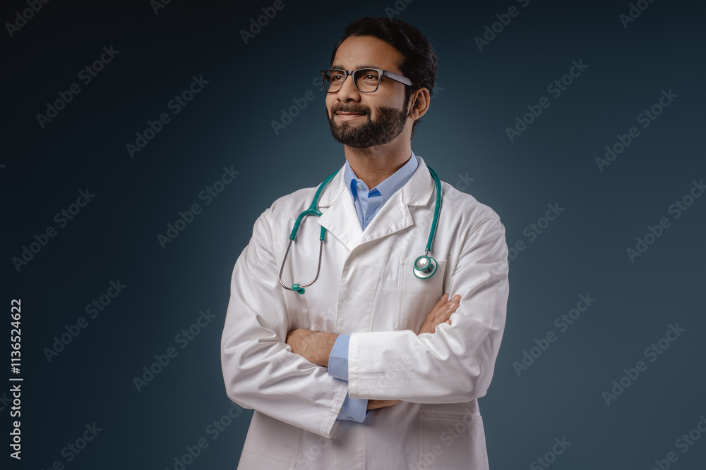 Smiling Indian man, doctor wearing stylish eyeglasses, white coat with crossed arms looking away Smiling Indian man, doctor wearing stylish eyeglasses, white coat with crossed arms looking away