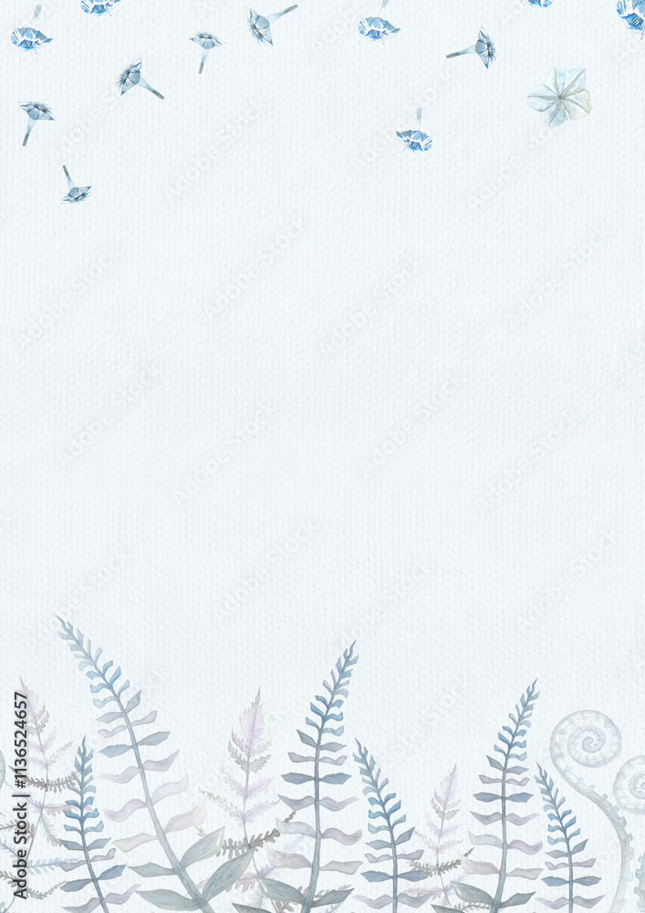 Obraz premium Vertical light blue retro textured grunge paper background with wild flowers border