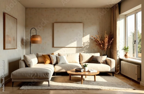 Modern interior japandi style design livingroom. Lighting and sunny scandinavian apartment with plaster and wood. Mocha Mousse - color