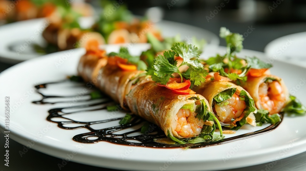 A plate of traditional Vietnamese Bánh Xèo, crispy pancakes filled with shrimp, vegetables, and served with fresh herbs A plate of traditional Vietnamese Bánh Xèo, crispy pancakes filled with shrimp, vegetables, and served with fresh herbs