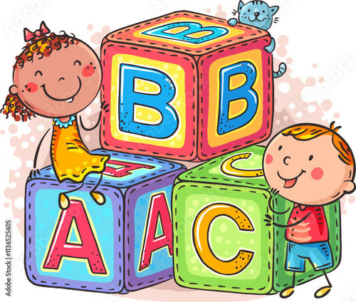 Cartoon little kids with alphabet blocks, children education toys abc blocks, learn together, concept early development