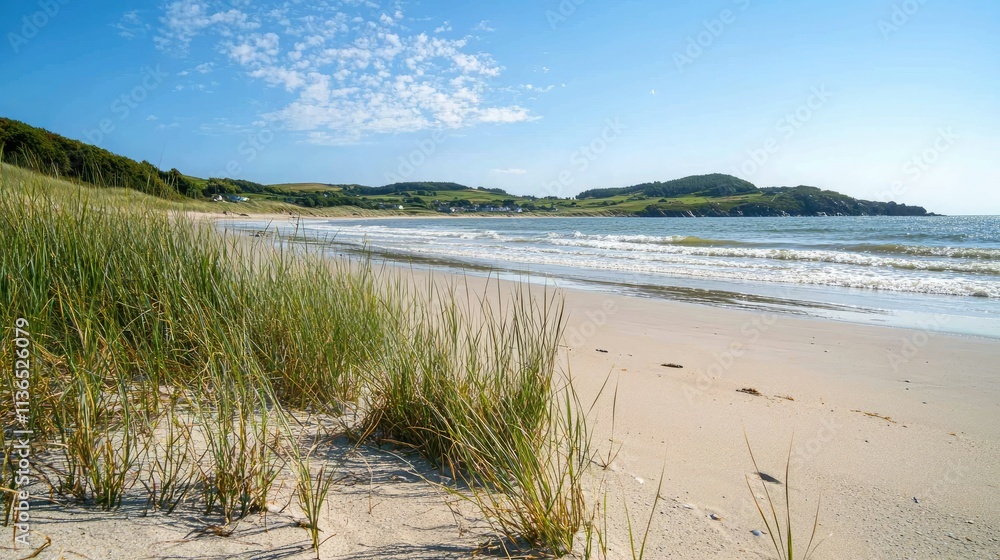Sea grass growing along a sandy beach, with waves crashing in the background Sea grass growing along a sandy beach, with waves crashing in the background