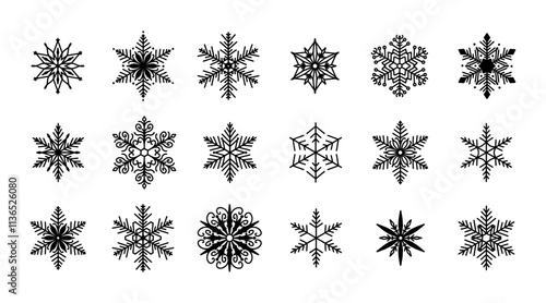 Unique snowflakes set, detailed hand drawn flat vector line illustration. Graphic outline drawing. Christmas and New Year symbol. Beautiful snowflake silhouette icon for frosty winter designs.