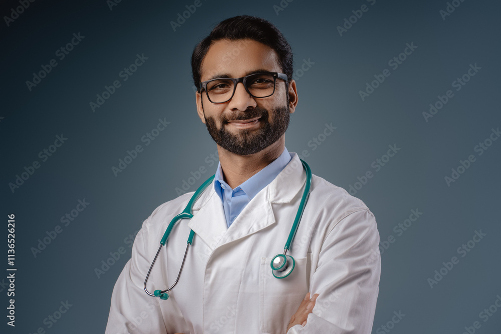 Happy, handsome, attractive Indian man, doctor wearing white coat, stethoscope with crossed arms Happy, handsome, attractive Indian man, doctor wearing white coat, stethoscope with crossed arms