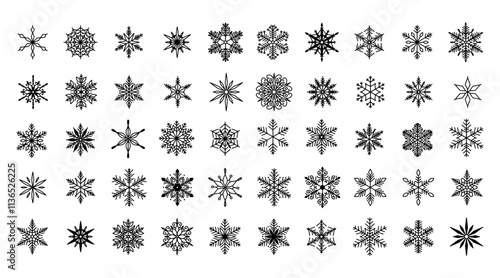 Unique snowflakes set, detailed hand drawn flat vector line illustration. Graphic outline drawing. Christmas and New Year symbol. Beautiful snowflake silhouette icon for frosty winter designs.