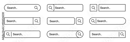 Search bar web page internet browser button set, search box template isolated, various shape search bar boxes collection icon, address and navigation
