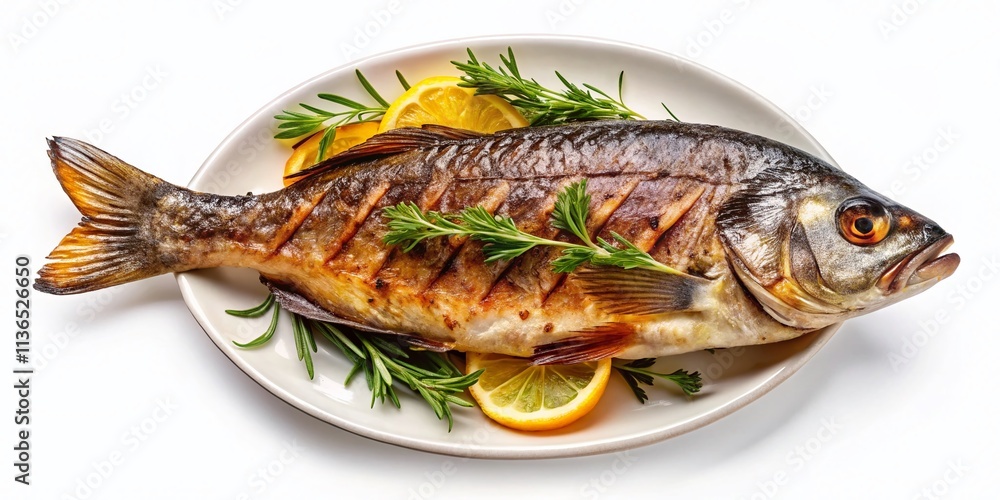 Grilled Fish Plate, Delicious Seafood Dinner, White Background, Isolated Food Photography Grilled Fish Plate, Delicious Seafood Dinner, White Background, Isolated Food Photography