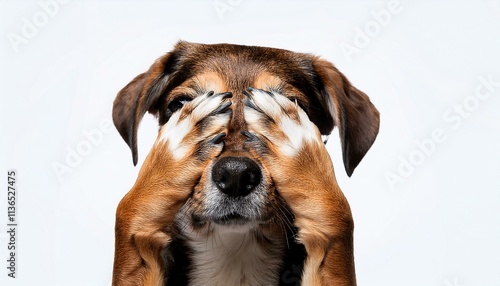 Adorable isolated dog with paws covering it's eyes with copy space photo