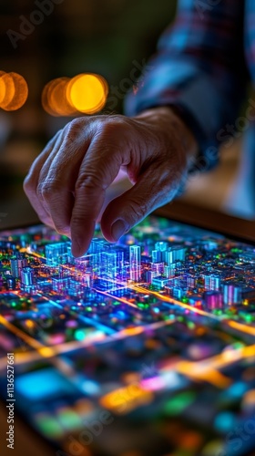 A real estate professional using a holographic map to display neighborhood analytics, cinematic, vibrant