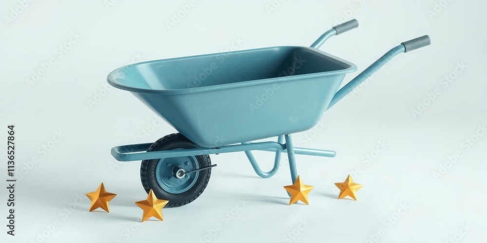 A powder blue wheelbarrow rests on a white surface with three gold stars near its wheel. A powder blue wheelbarrow rests on a white surface with three gold stars near its wheel.