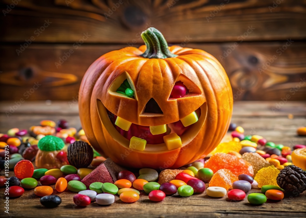 Halloween Jack O Lantern Candy Spill - High Depth of Field Photo Halloween Jack O Lantern Candy Spill - High Depth of Field Photo
