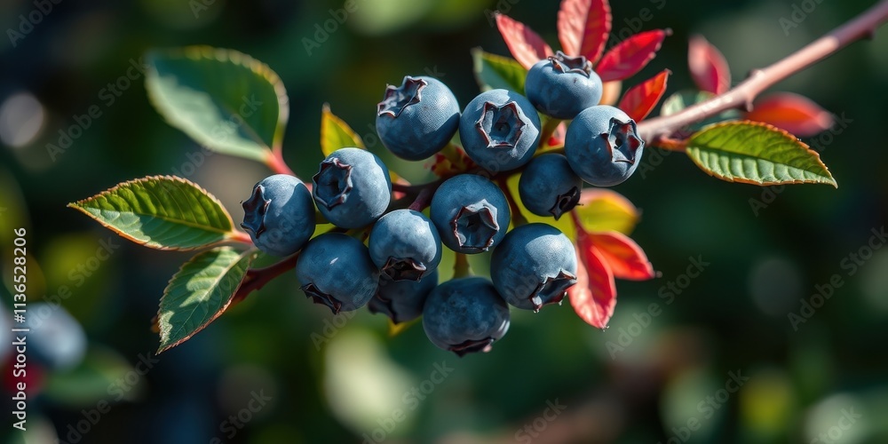 Close-up of a cluster of ripe blueberries on a branch with vibrant green and red leaves