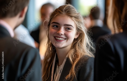 Wallpaper Mural A businesswoman in a suit, exuding confidence and professionalism, engages in an exciting conversation at a trade fair, perfect for highlighting dynamic networking and leadership. Torontodigital.ca