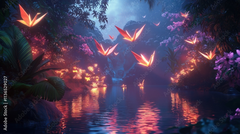 Obraz premium Glowing Origami Cranes Over Jungle River at Night