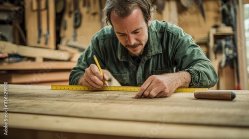 craftsman measuring wood in workshop