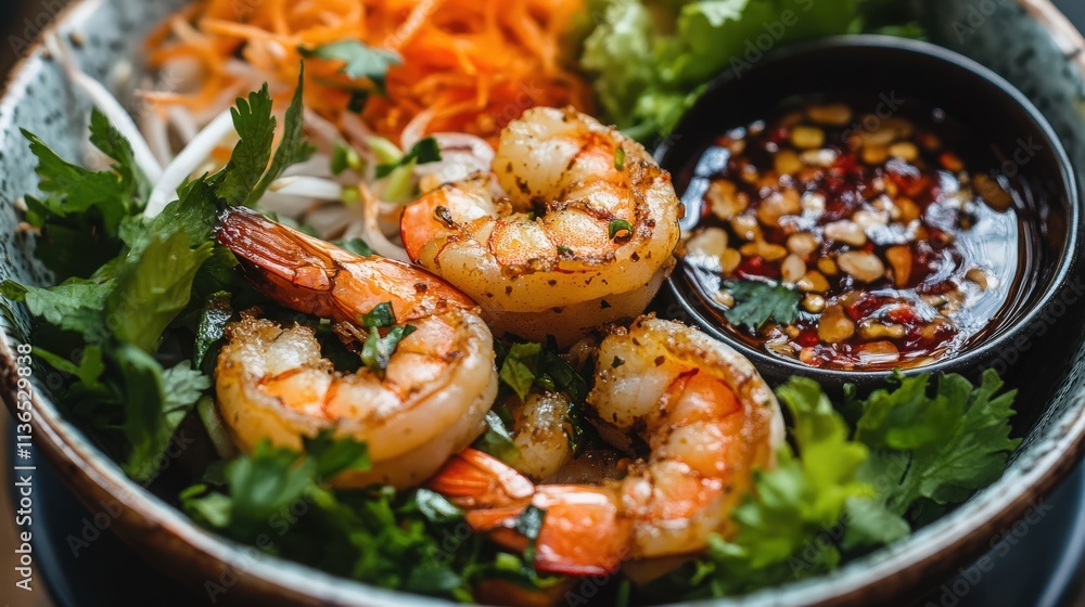 A plate of traditional Vietnamese Bánh Xèo, crispy pancakes filled with shrimp, vegetables, and served with fresh herbs A plate of traditional Vietnamese Bánh Xèo, crispy pancakes filled with shrimp, vegetables, and served with fresh herbs