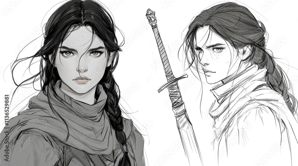 Female warrior character art sketches.