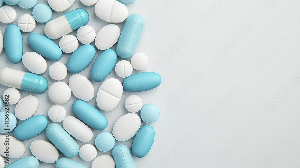 Close up of various blue and white medical capsules and tablets arranged on light background, showcasing their shapes and colors. This highlights diversity of pharmaceutical products Close up of various blue and white medical capsules and tablets arranged on light background, showcasing their shapes and colors. This highlights diversity of pharmaceutical products
