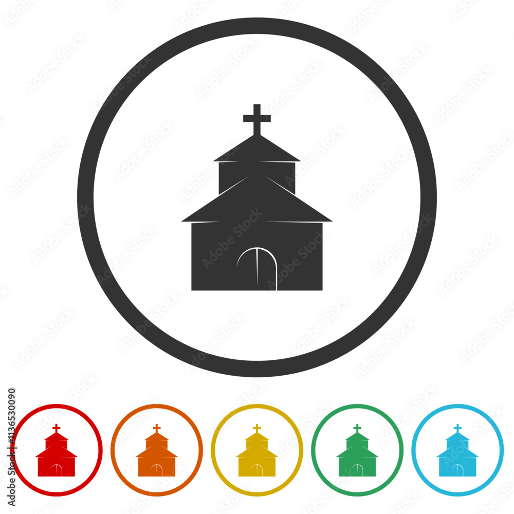 Church simple icon. Set icons in color circle buttons Church simple icon. Set icons in color circle buttons