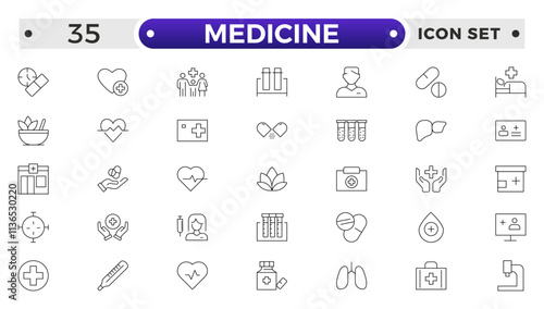 Medicine and Pharmaceutical icon set with prescription pad, medicine bottle, pill dispenser, lab test, blood donation, medical conference, research study, medical ethics icon.