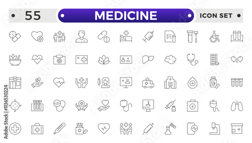 Medicine and Pharmaceutical icon set with prescription pad, medicine bottle, pill dispenser, lab test, blood donation, medical conference, research study, medical ethics icon.