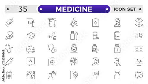 Medicine and Pharmaceutical icon set with prescription pad, medicine bottle, pill dispenser, lab test, blood donation, medical conference, research study, medical ethics icon.