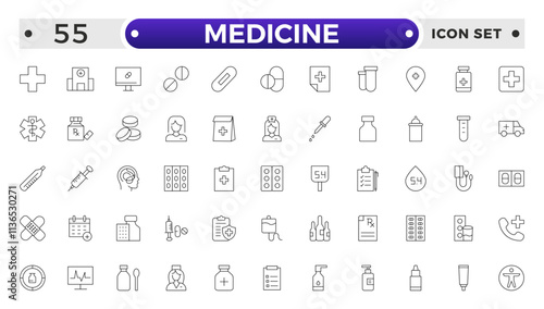 Medicine and Pharmaceutical icon set with prescription pad, medicine bottle, pill dispenser, lab test, blood donation, medical conference, research study, medical ethics icon.