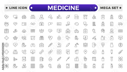 Medicine and Pharmaceutical icon set with prescription pad, medicine bottle, pill dispenser, lab test, blood donation, medical conference, research study, medical ethics icon.