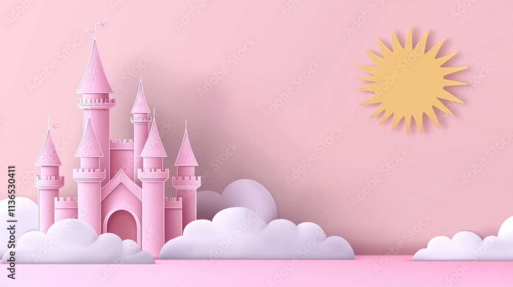 Fototapeta premium Cute pink castle surrounded by clouds papercut style sunshine