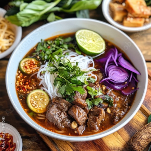 A tempting platter of Vietnamese bun bo Hue, spicy beef noodle soup with lemongrass, served with herbs photo