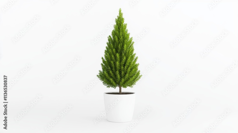 Cinematic shot of small coniferous tree in white pot studio image Cinematic shot of small coniferous tree in white pot studio image
