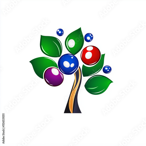 Bright colorful tree with fruits on a white background, logo design with copy space for text, creativity, and childhood
 photo