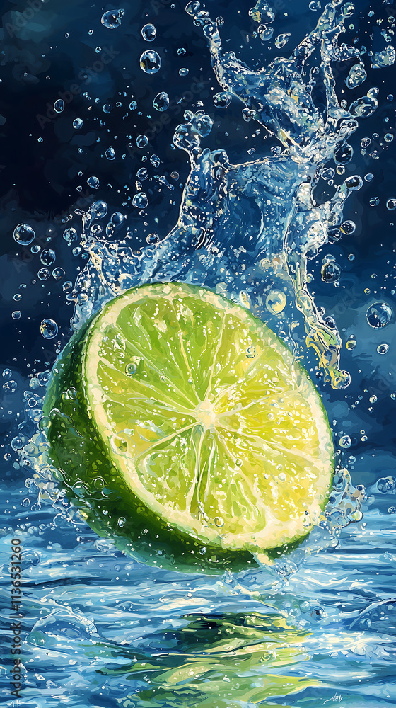 Lime slice splashing into water with vibrant droplets and ripples Lime slice splashing into water with vibrant droplets and ripples