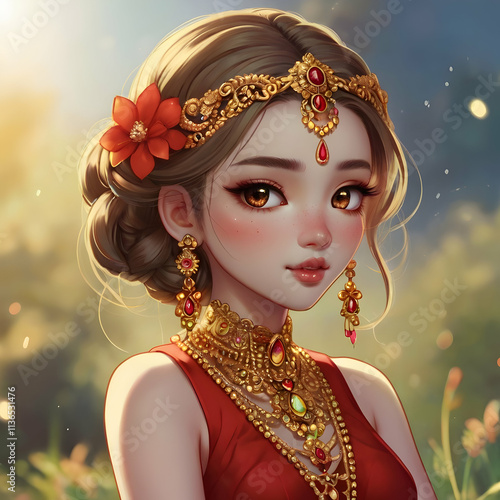 A cute chibi-style depiction of a young lady, beautifully accessorized with fine jewelry and attire. She sports a stunning gold headpiece with delicate patterns, coordinating earrings, and a shimmerin photo