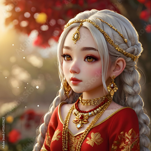 A cute chibi-style depiction of a young lady, beautifully accessorized with fine jewelry and attire. She sports a stunning gold headpiece with delicate patterns, coordinating earrings, and a shimmerin photo