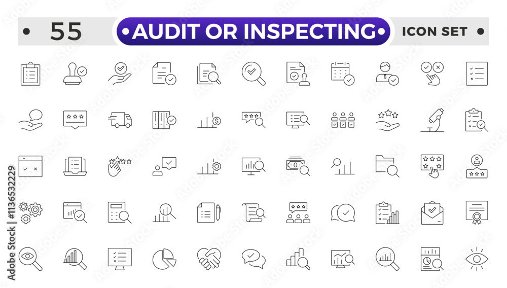 Audit or Inspecting icons set in thin line design. Pack of inspection, hire, calculation money, coaching, protection, cooperation, success, task, and other pictograms outline icons. Audit or Inspecting icons set in thin line design. Pack of inspection, hire, calculation money, coaching, protection, cooperation, success, task, and other pictograms outline icons.