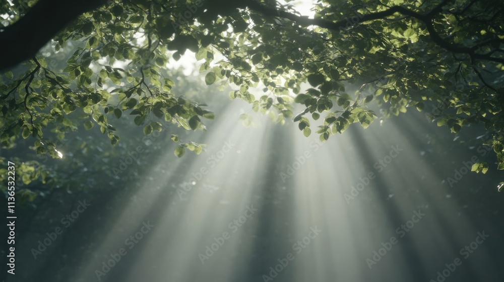 A serene forest scene with fog and sunbeams streaming through, ideal for nature enthusiasts. A serene forest scene with fog and sunbeams streaming through, ideal for nature enthusiasts.