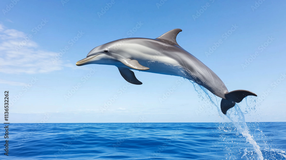 Fototapeta premium A dolphin leaps gracefully out of the blue ocean, with water droplets trailing, set against a clear, bright sky