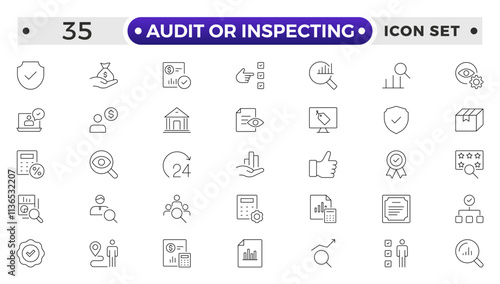 Audit or Inspecting icons set in thin line design. Pack of inspection, hire, calculation money, coaching, protection, cooperation, success, task, and other pictograms outline icons.