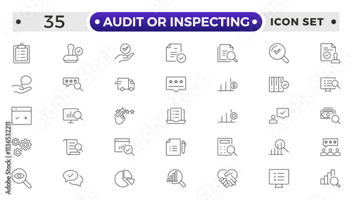 Audit or Inspecting icons set in thin line design. Pack of inspection, hire, calculation money, coaching, protection, cooperation, success, task, and other pictograms outline icons.