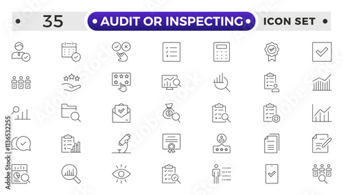 Audit or Inspecting icons set in thin line design. Pack of inspection, hire, calculation money, coaching, protection, cooperation, success, task, and other pictograms outline icons.